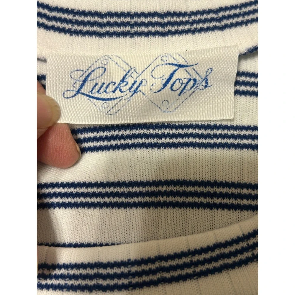 Lucky Tops Ribbed Striped Tank Top White‎ Navy Sleeveless Knit Top Size Small
